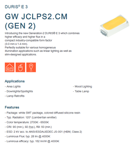 OSRAMs DURIS E 3 GW JCLPS2.CM Series Mid-power <b>LEDs</b> 0.2W CRI90 2.85V <b>Led</b> <b>Smd</b> Chip Warm White Nature White Cool White - Product Image 2