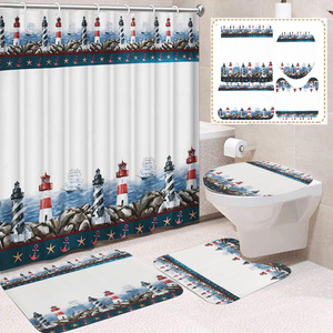 Rideau de douche en polyester à motif de phare blanc et de paysage côtier, imprimé numériquement sur mesure, vente en gros - Product Image 1