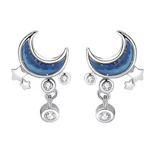 Hadiah perhiasan Fashion anting-anting pesona bintang bulan CZ zirkonia kubik biru berkilau untuk wanita anak perempuan