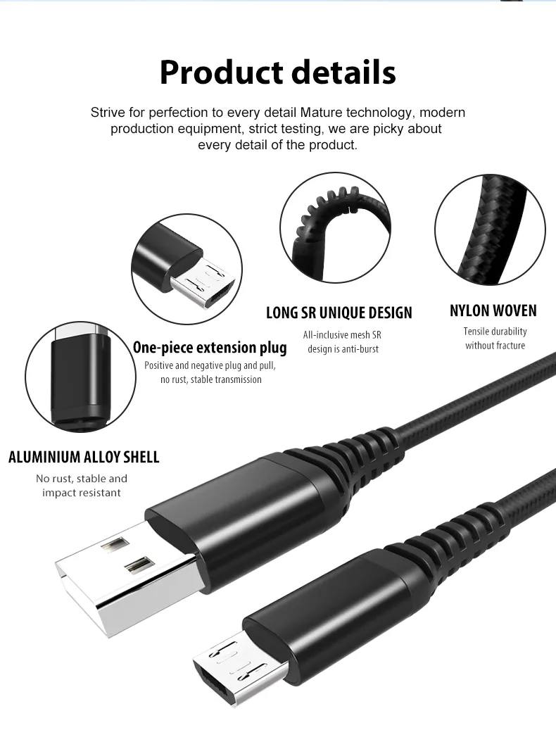 Cable de datos USB trenzada de nailon para teléfono, Cable Micro USB para Android, 3 pies, V8