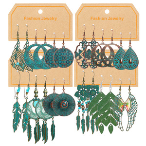 Boucles d'oreilles pendantes bohèmes tendance en alliage plaqué bronze antique à motif végétal, ensemble de bijoux de fête pour femme - Product Image 5