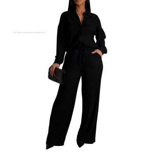 Women's Long-Sleeve Ruched Casual Shirt & Elastic Waist Straight-Leg <b>Pants</b> Two-Piece Set Fashion - Product Image 3
