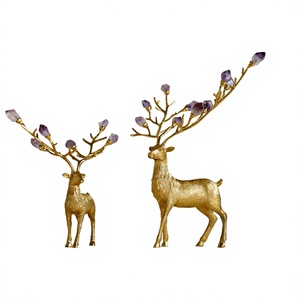 Set 2 Modern Golden Brass Deer Figurines Gemstone Antlers Handmade Crystal Reindeer Sculpture Pair Christmas Decorative Animal - Product Image 1