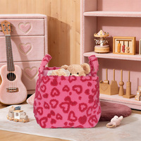 Panier de rangement en tissu peluche rose avec poignées, motif cœur rouge rose, pliable, écologique, organisateur mignon pour chambre et crèche