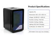 Mini-réfrigérateur électrique 15L avec porte miroir LED, refroidissement et chauffage, pour bière, lait, boissons, cosmétiques, portable, usage domestique, camping-car, hôtel, faible consommation