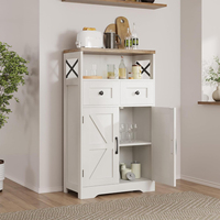 Buffet de cuisine moderne blanc style ferme avec dessus en bois rustique et portes coulissantes, meuble de rangement 4 portes pour salle à manger