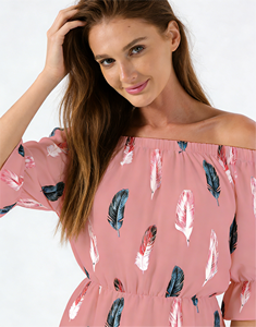 Robe trapèze mi-longue pour femme à imprimé plumes sur les épaules, manches évasées, taille naturelle élastique, décontractée, pour l'été, la plage et le quotidien - Product Image 2