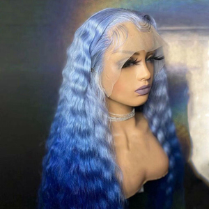 Loose Deep Wave <strong>Wigs</strong> Human Hair Transparent Lace Frontal Closure <strong>Wigs</strong> Ombre Light <strong>Blue</strong>/<strong>Blue</strong> Color Brazilian Hair 10"-30" - Product Image 3