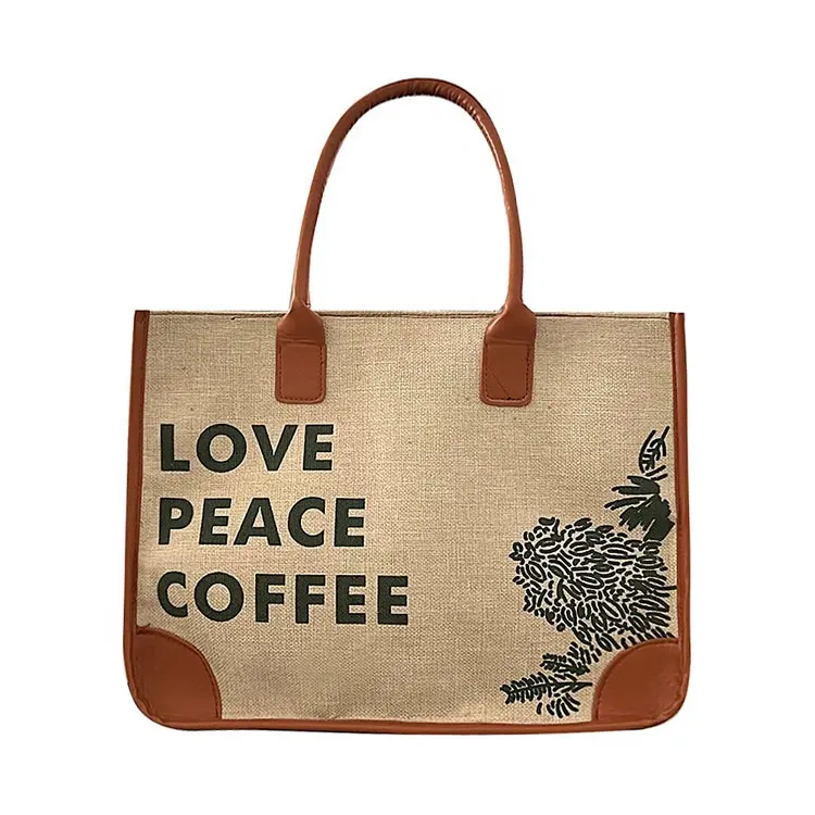 Fashion Custom Logo Printing Women'S Linen Handbag Gift Shopping Product Tote Jute Bag With Leather Handle