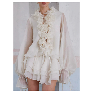 WIWT Elegante Damen Chiffon-Bluse mit 3D-Blumenmuster, Rüschenkragen, Laternenärmeln, lockerer Passform, lässige Party-Oberteile für Damen - Product Image 3