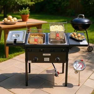 Friteuse à gaz propane professionnelle Vevor pour extérieur, 16 litres, en acier inoxydable, double brûleur, avec paniers amovibles et thermomètre - Product Image 2