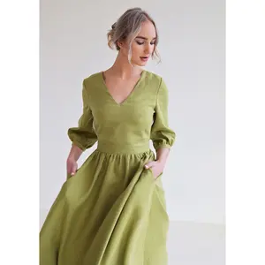 Support OEM Customization Of Back Hollowed Out Button Loose Long Dresses For Summer Casual Women's Linen Dresses