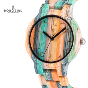 BOBO BIRD ساعة نسائية خشبية مع سوار من الجلد بعلامة تجارية مخصصة حافظة حركة كوارتز عالية الجودة بتصميم ياباني وتصميم مخصص