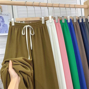 <span class=keywords><strong>Pantalon</strong></span> large pour <span class=keywords><strong>femme</strong></span>, motif uni, taille haute extensible avec cordon de serrage, coupe ample, en maille côtelée longue, idéal pour le printemps - Vente en gros - Product Image 3
