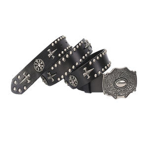 Alta Qualidade 3.8cm 1.5 "Largura Western Metal Name Plate Buckle Branco e Preto Pele Genuína Couro Metal cravejado Punk <span class=keywords><strong>Belt</strong></span> - Product Image 6