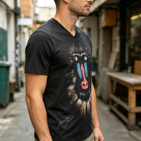 T-shirt décontracté pour homme à col en V noir avec imprimé babouin, personnalisable avec divers motifs animaliers