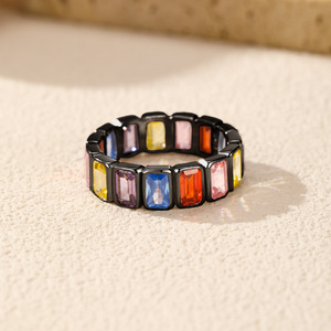 S925 Silver Geometric <b>Ring</b> Black Rhodium Plated Bezel Set <b>Crystal</b> Rhinestone Unisex Everyday Wear Trendy Gemstone Band - Product Image 3