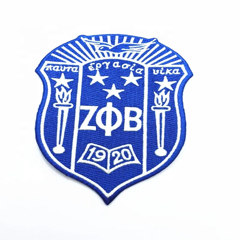 Parche bordado con etiqueta tejida delgada, parche bordado personalizado con Zeta phi beta crest