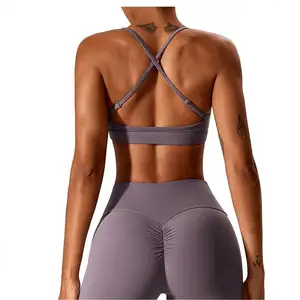 Vente chaude Compression Doux Antichoc Yoga Crop Tops Femmes Fitness Push Up Léger Croix Dos Yoga Sport Soutien-Gorge