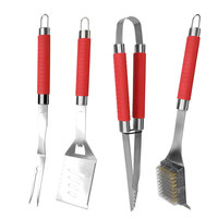 Ensemble de 4 ustensiles de barbecue en acier inoxydable avec poignées TPR rouges et étui de transport à fermeture éclair – Accessoires de barbecue d'extérieur