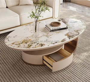 Estilo americano moderno popular sala de estar mesa de café ardósia top com um armário luxo Oval Shape tea table para o sofá