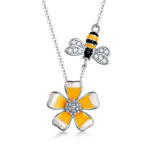 Collier mignon romantique pour filles, chaîne en argent Sterling 925, pendentif en laque, pendentif abeille fleur