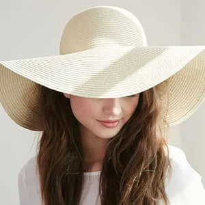 AAA433 Wholesales Foldable Wide Brim Panama Hat Summer Floppy Straw Beach Sun Hat For Women