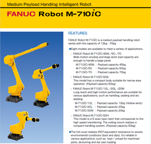 แขนหุ่นยนต์อุตสาหกรรม 6 แกน ยี่ห้อ Fanuc รุ่น M-710IC/50S รับน้ำหนักได้ 50 กิโลกรัม ความแม่นยำในการทำซ้ำ 0.03 มม. สำหรับงานขนถ่ายสินค้า - Product Image 3