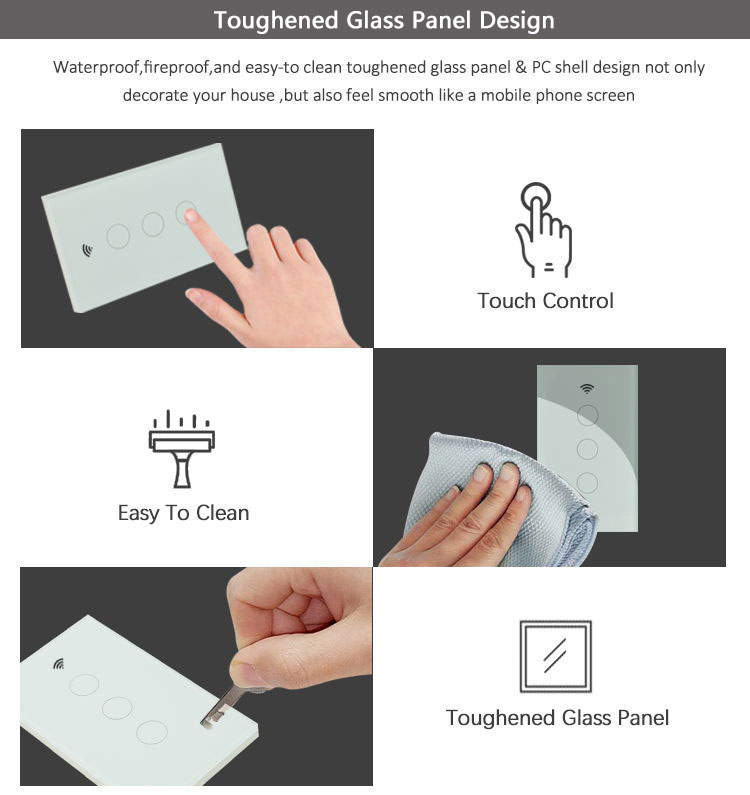 US Standard Wireless Remote Control 4Gang No Neutral Line Zigbee Light Switch Panel With Alexa and Google Home