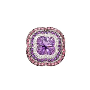 맞춤형 보석 꽃 모양 14 캐럿 화이트 골드 자수정 핑크 전기석과 다이아몬드 반지
