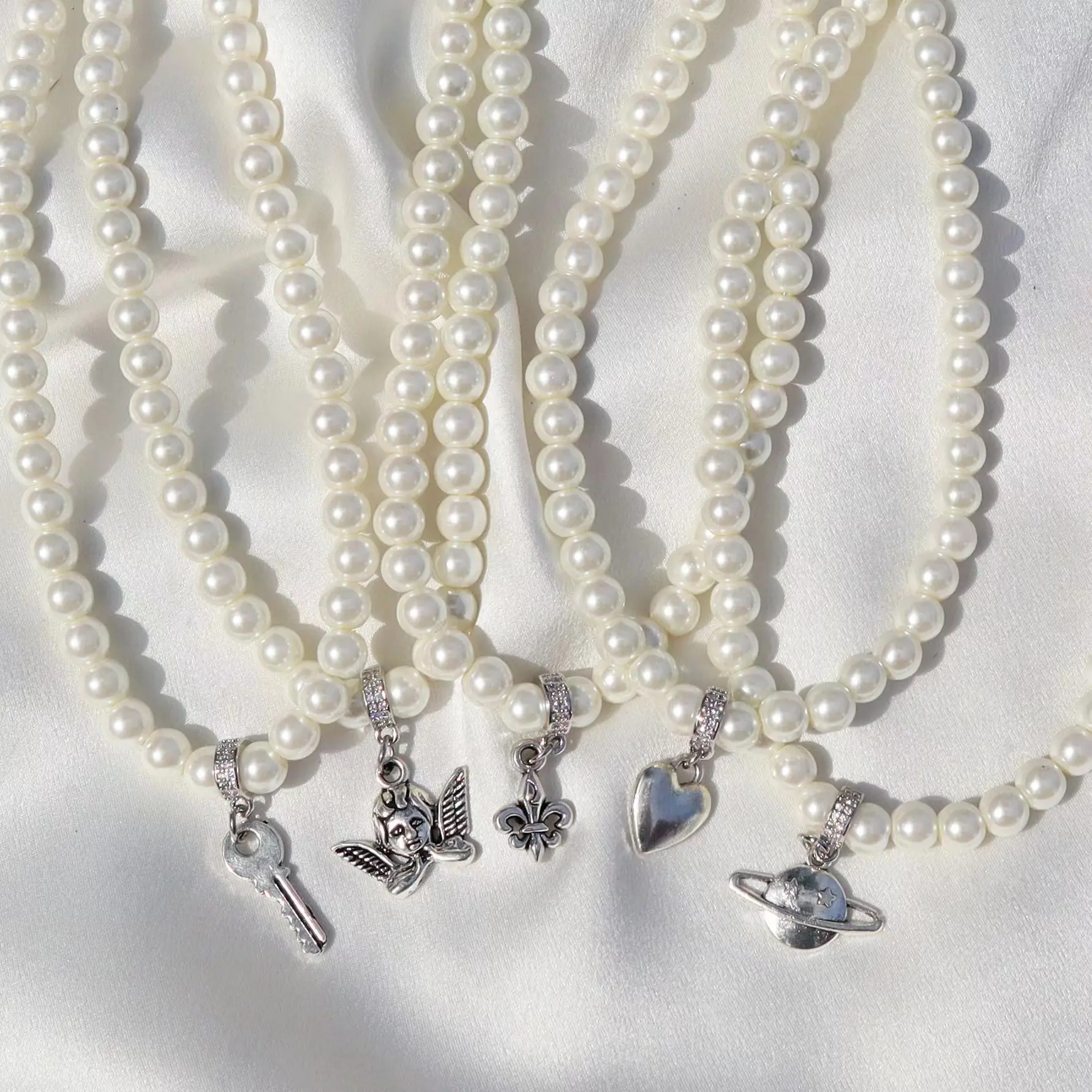 Angel Beaded Pearl Chain Heart Key Cross Butterfly Face Shape Choker Pendant Necklace Jewelry