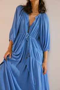 Mùa Thu Mùa Hè Của Phụ Nữ Thanh Lịch Rắn Màu Sắc Giản Dị Dài Ăn Mặc Bán Buôn Pháp Phong Cách Dài Tay Áo Vành Đai Nút Làm Bông Vải - Product Image 2