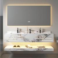 Meuble de salle de bain en dalle de roche Centurymosaic avec miroir intelligent LED et lavabo en céramique pour villa, hôtel, appartement