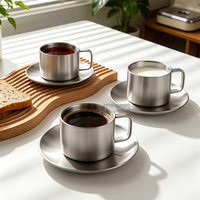 HIGHWIN Factory Direct Tasses à café, thé et expresso en acier inoxydable 304 à double paroi de 80/160 ml avec soucoupe pour la maison et le bureau