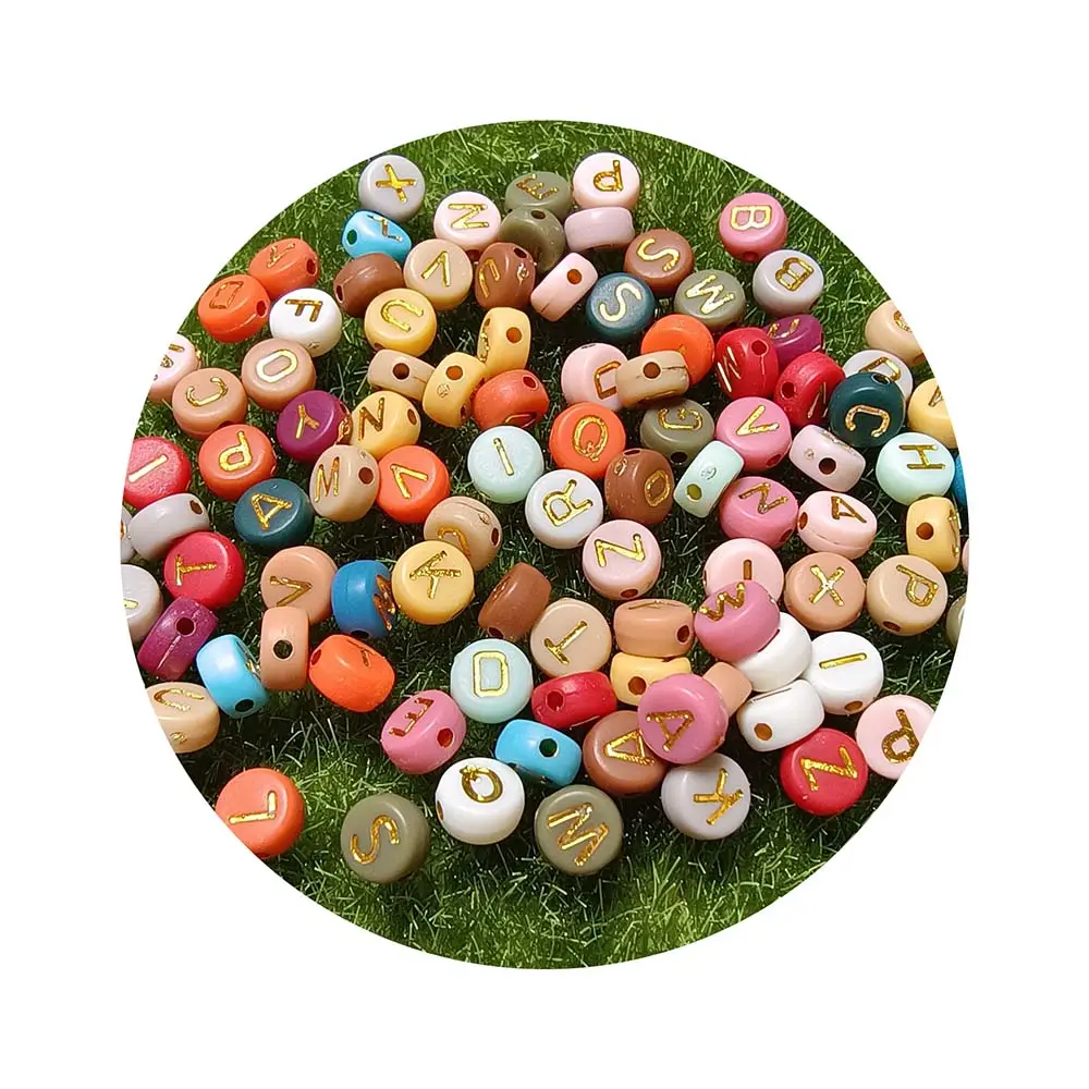 Factory Wholesale 100Pcs 7mm Handmade Jewelry Opaque Colorful Background Gold 26 English Letters Oval Round Loose Alphabet Beads