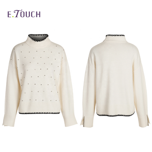 Suéter de <span class=keywords><strong>punto</strong></span> holgado primavera con logotipo personalizado para mujer, tejido de <span class=keywords><strong>punto</strong></span> de manga larga bordado a mano de fábrica de color beige para mujer - Product Image 2