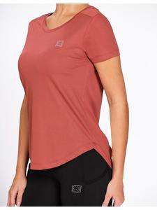 T-shirt de sport en polyester abricot pour femme, col rond uni et coupe ample décontractée, de Munns & Mars, idéal pour la gym - Product Image 3