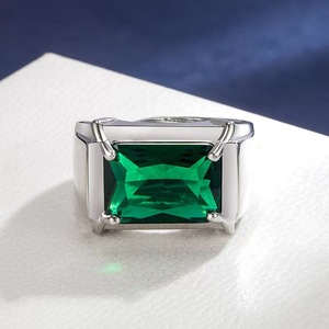 Bague ouverte carrée émeraude pour hommes et femmes, bague à quatre griffes avec diamant bleu, bijoux de mode - Product Image 2