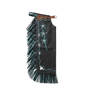 Chaps de Rodeo Professionnels RANCHOS RANGE Personnalisés en Cuir Tressé Lesté, Taille Haute, Unisexe, Noir, avec Incrustations Florales Teal et Étoiles sur le Jourtier, Modèle Complet - Product Image 1