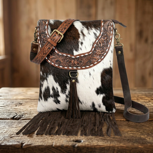 Cowhide Crossbody Bag With Leather Tassel And Floral Tooling Bohemian Style Single <b>Strap</b> Genuine Leather Women's <b>Shoulder</b> Bag - Product Image 4