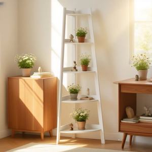 White Triangular <b>Corner</b> Shelf Freestanding Multi Tier Storage Rack For <b>Plants</b> And Books Nordic Style - Product Image 2