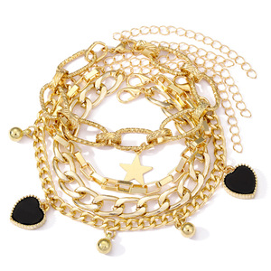 New Thick Link Chain Star Heart Bracelets <b>Set</b> <b>Gold</b> Plated Chunky Charm Bracelets <b>Bangles</b> Women Fashion Jewelry - Product Image 2