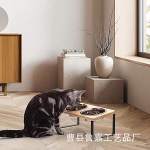 Wooden <b>Cat</b> <b>Bowl</b> Stand Double Elevated Feeder For <b>Cats</b> With Neck Protection Solid Wood Pet Feeding Station - Product Image 1