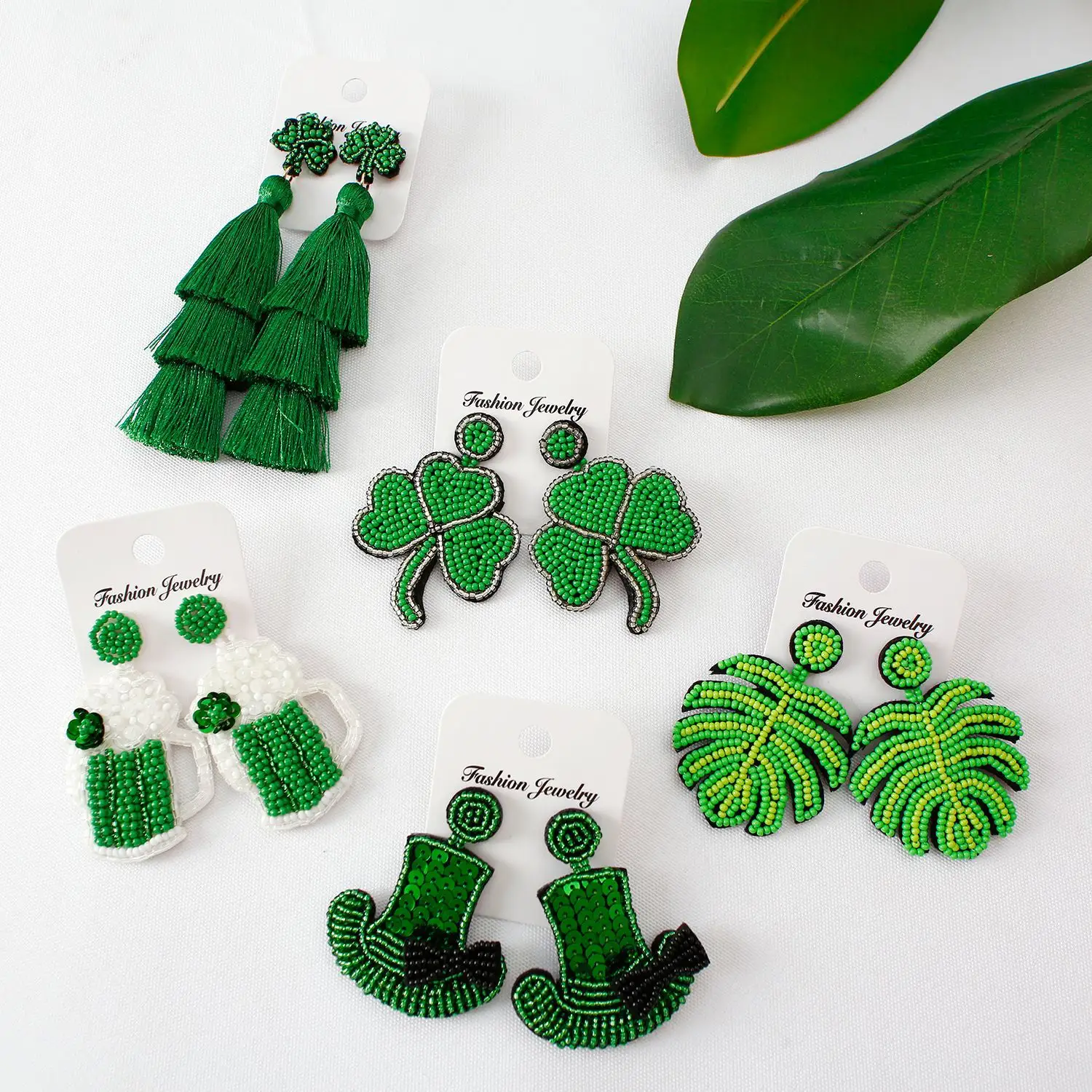 2022 New Irish Holiday Jewelry Beaded Green Leaf Lucky Hat Drop Dangle Earrings St. Patrick's Day