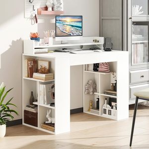 Bureau d'étude moderne et minimaliste en bois avec prises électriques, étagère pour moniteur, bibliothèque, passages de câbles, extensible et écologique - Product Image 1