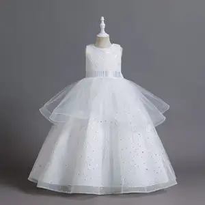 새로운 아동복 어린이 졸업 드레스 레이어드 화이트 웨딩 드레스 여성 꽃 소녀 중공 피아노 공연 드레스