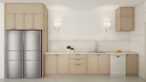 Gabinetes de Cocina Modernos y Elegantes de Madera Beige, Isla con Encimera de Mármol, Puerta de Madera Contrachapada Estándar Estadounidense - Product Image 3