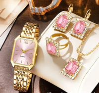 Ensemble de bijoux pour femme avec montre à quartz à cadran diamanté, boîtier de 9 mm, coffret cadeau 5 pièces : collier, bague, boucles d'oreilles