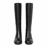 Bottes en cuir noir sur mesure pour femmes, hauteur genou, bout carré, talon bloc, style équestre, petite quantité minimale de commande, vente en gros, usine de chaussures OEM