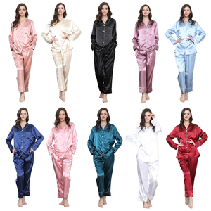 Toptan kadın kırmızı noel ipek saten 2 adet pijama seti yüksek kalite uzun kollu dönüş yaka pantolon gelin düz pijama Pjs - Product Image 1
